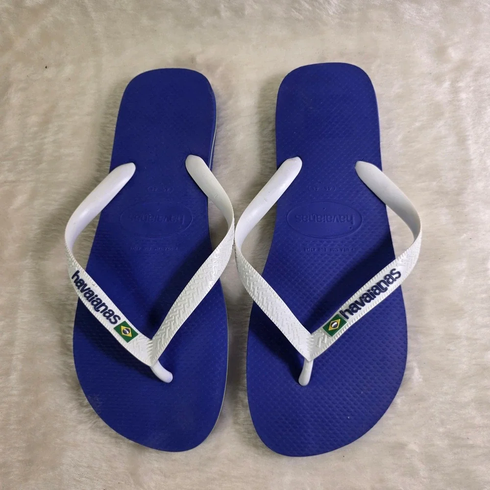 Havaianas Brazil Logo Flip Flops Blue White Thong Sandals Mens 13 Excellent